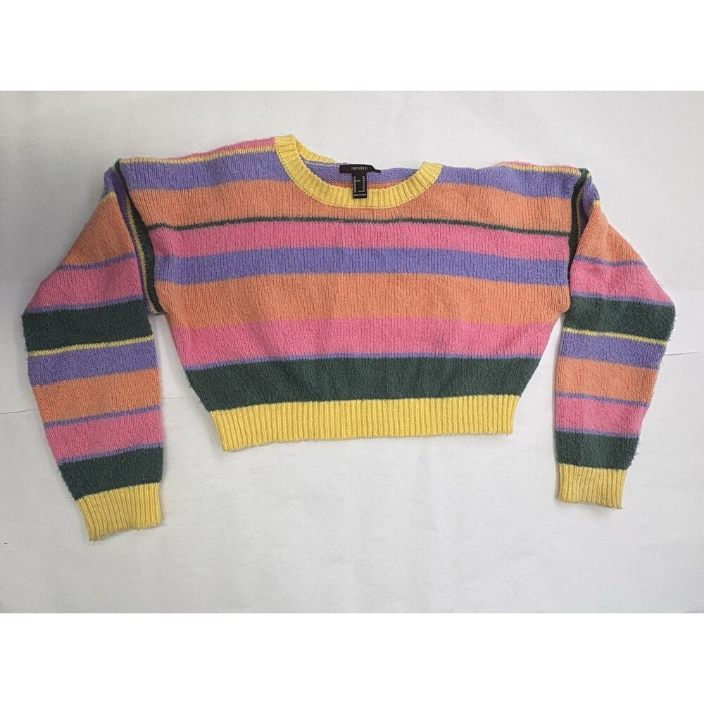 Forever 21 Cropped Sweater Womens XL Rainbow Stripe Fuzzy Knit Y2K Soft Girl